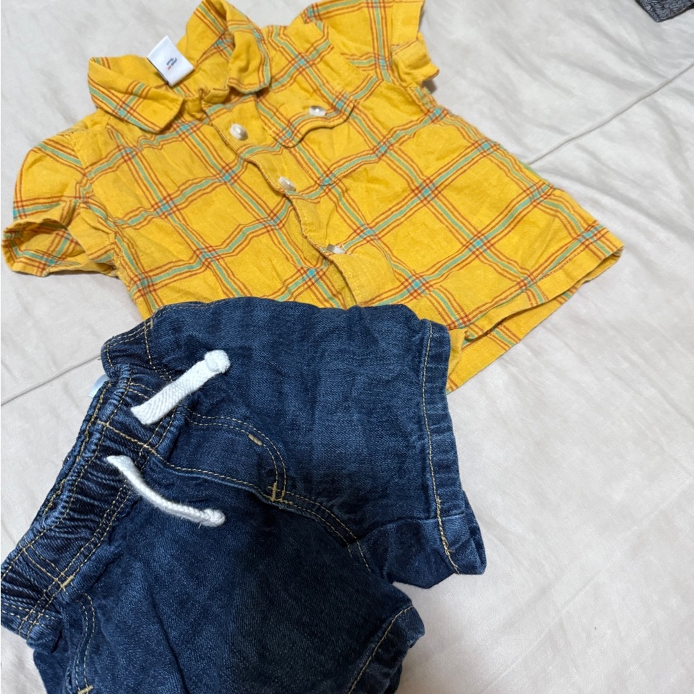 Yellow Plaid Shirt and Blue Denim Shorts Set